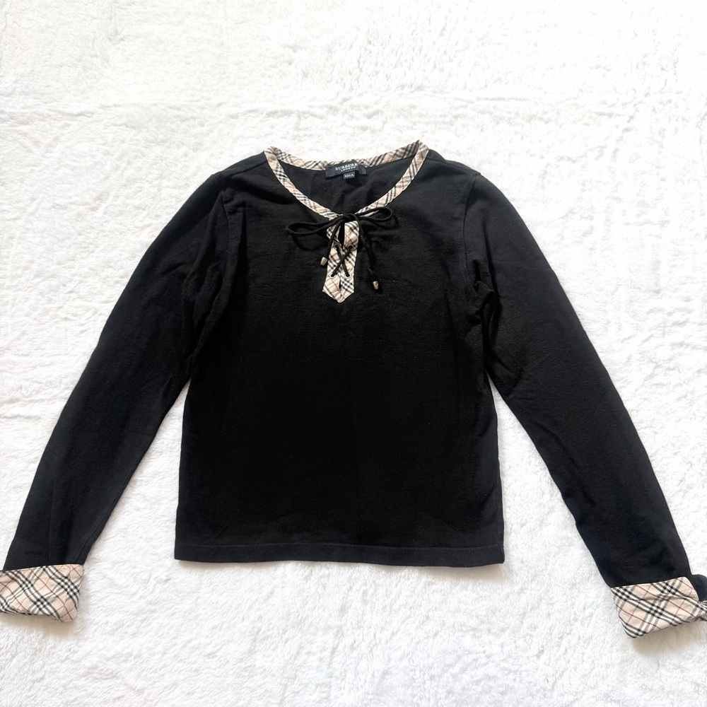 Burberry Girls 6-7 Long Sleeve Tee Shirt Nova Check Black Tops Cotton